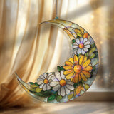 Crescent Moon Daisy Acrylic Suncatcher, Stained Glass Style Yellow White Floral Window Hanging, Summer Flower Home Decor Gift
