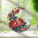 Crescent Moon Rose Acrylic Suncatcher, Stained Glass Style Floral Window Hanging, Red Flower Home Decor Gift for Nature Lovers