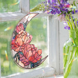 Crescent Moon Peony Acrylic Suncatcher, Stained Glass Style Floral Window Hanging, Pink Flower Home Decor Gift for Nature Lovers