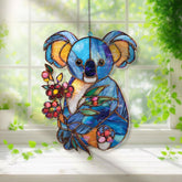 Blue Koala Acrylic Suncatcher, Stained Glass Style Animal Window Hanging, Cute Wildlife Floral Decor Gift for Nature Lovers