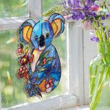 Blue Koala Acrylic Suncatcher, Stained Glass Style Animal Window Hanging, Cute Wildlife Floral Decor Gift for Nature Lovers