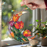 Crescent Moon Tulip Acrylic Suncatcher, Stained Glass Style Floral Window Hanging, Colorful Spring Flower Home Decor Gift