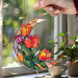 Crescent Moon Tulip Acrylic Suncatcher, Stained Glass Style Floral Window Hanging, Colorful Spring Flower Home Decor Gift