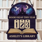 Books Read This Year Tracker - Wooden Castle and Dragon Black, Purple, Fantasy Book Counter, Personalized Gift for Readers, Gift Book Lover