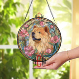 Golden Chow Chow Stained Glass Suncatcher, Floral Dog Window Hanging, Pink Blossom Pet Ornament, Dog Lover Gift, Home Window Decor