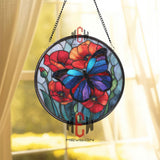 Butterfly and Poppy Stained Glass Suncatcher, Floral Window Hanging, Colorful Garden Ornament, Nature Lover Gift, Home Window Decor