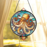 Octopus Stained Glass Suncatcher, Ocean Sea Life Window Art, Nautical Marine Ornament, Coastal Beach Gift, Underwater Home Decor