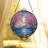 Cherry Blossom Stained Glass Suncatcher, Sunset Lake Window Art, Spring Nature Ornament, Floral Gift, Tranquil Home Window Decor