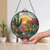 Desert Cactus Stained Glass Suncatcher, Southwest Sunset Window Art, Succulent Floral Ornament, Nature Gift, Boho Home Decor