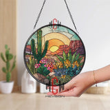Desert Cactus Stained Glass Suncatcher, Southwest Sunset Window Art, Succulent Floral Ornament, Nature Gift, Boho Home Decor