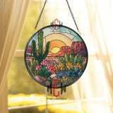 Desert Cactus Stained Glass Suncatcher, Southwest Sunset Window Art, Succulent Floral Ornament, Nature Gift, Boho Home Decor