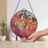 Cat and Butterfly Stained Glass Suncatcher, Floral Window Art, Sleeping Kitty Ornament, Pet Lover Gift, Cozy Home Window Decor