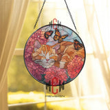 Cat and Butterfly Stained Glass Suncatcher, Floral Window Art, Sleeping Kitty Ornament, Pet Lover Gift, Cozy Home Window Decor