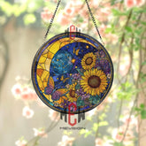 Sunflower Moon Stained Glass Suncatcher, Butterfly Floral Window Art, Cosmic Nature Ornament, Celestial Gift, Bright Home Decor