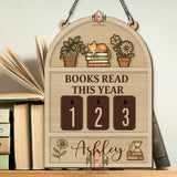 Books Read This Year Tracker - Cozy Cat and Plants Wooden Sign, Personalized Reading Counter, Cute Book Lover Gift