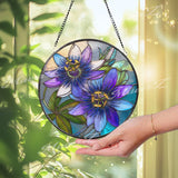 Purple Passion Flower Stained Glass Suncatcher – Round Floral Window Hanging, Botanical Art Decor, Vibrant Glass Gift for Home