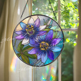 Purple Passion Flower Stained Glass Suncatcher – Round Floral Window Hanging, Botanical Art Decor, Vibrant Glass Gift for Home