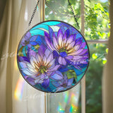 Blue Purple Water Lily Stained Glass Suncatcher – Round Floral Window Hanging, Lotus Flower Art Decor, Vibrant Glass Gift