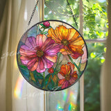 Cosmos Flower Stained Glass Suncatcher, Round Floral Window Hanging, Colorful Glass Art Decor, Vibrant Botanical Gift for Home
