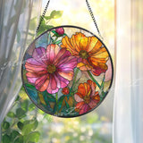 Cosmos Flower Stained Glass Suncatcher, Round Floral Window Hanging, Colorful Glass Art Decor, Vibrant Botanical Gift for Home