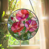 Morning Glory Stained Glass Suncatcher, Round Floral Window Hanging, Pink Red Flower Art Decor, Vibrant Glass Gift for Home
