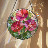 Morning Glory Stained Glass Suncatcher, Round Floral Window Hanging, Pink Red Flower Art Decor, Vibrant Glass Gift for Home