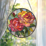 Rose Stained Glass Suncatcher, Round Floral Window Hanging, Red Orange Flower Art Decor, Vibrant Glass Gift for Home