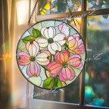 Dogwood Flower Stained Glass Suncatcher, Round Floral Window Hanging, Pink White Bloom Art Decor, Elegant Glass Gift for Home