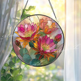 Cactus Flower Stained Glass Suncatcher, Round Desert Bloom Window Hanging, Pink Orange Floral Art Decor, Vibrant Glass Gift