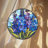 Delphinium Stained Glass Suncatcher, Round Blue Floral Window Hanging, Elegant Flower Art Decor, Vibrant Glass Gift for Home