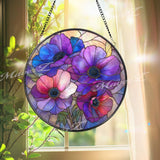 Anemone Flower Stained Glass Suncatcher, Round Blue Purple Floral Window Hanging, Vibrant Glass Art Decor, Handmade Gift for Home