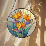 Bird of Paradise Stained Glass Suncatcher, Round Tropical Floral Window Hanging, Vibrant Orange Blue Art Decor, Handmade Gift