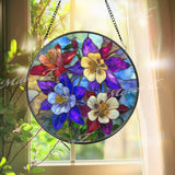 Columbine Flower Stained Glass Suncatcher, Round Blue Red Floral Window Hanging, Vibrant Wildflower Art Decor, Handmade Gift