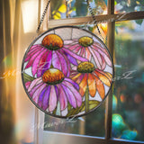 Coneflower Stained Glass Suncatcher, Round Pink Orange Floral Window Hanging, Vibrant Garden Art Decor, Handmade Glass Gift