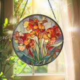 Gladiolus Stained Glass Suncatcher, Round Orange Red Floral Window Hanging, Vibrant Garden Flower Art Decor, Handmade Glass Gift