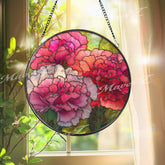 Carnation Stained Glass Suncatcher, Round Pink Red Floral Window Hanging, Vibrant Bloom Art Decor, Handmade Glass Gift for Home