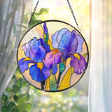 Iris Flower Stained Glass Suncatcher, Round Blue Purple Floral Window Hanging, Elegant Glass Art Decor, Handmade Gift for Home
