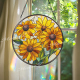 Sunflower Stained Glass Suncatcher, Round Yellow Floral Window Hanging, Bright Glass Art Decor, Handmade Gift for Home
