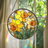 Daffodil Stained Glass Suncatcher, Round Yellow Floral Window Hanging, Spring Bloom Art Decor, Bright Handmade Glass Gift