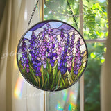 Lavender Stained Glass Suncatcher, Round Purple Floral Window Hanging, Blooming Field Art Decor, Handmade Glass Gift for Home