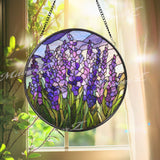 Lavender Stained Glass Suncatcher, Round Purple Floral Window Hanging, Blooming Field Art Decor, Handmade Glass Gift for Home
