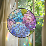 Hydrangea Stained Glass Suncatcher, Round Blue Purple Floral Window Hanging, Pastel Bloom Art Decor, Handmade Glass Gift