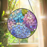 Hydrangea Stained Glass Suncatcher, Round Blue Purple Floral Window Hanging, Pastel Bloom Art Decor, Handmade Glass Gift