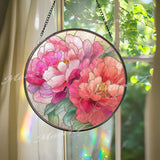 Peony Flower Stained Glass Suncatcher, Round Pink Red Floral Window Hanging, Elegant Bloom Art Decor, Handmade Glass Gift