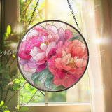 Peony Flower Stained Glass Suncatcher, Round Pink Red Floral Window Hanging, Elegant Bloom Art Decor, Handmade Glass Gift