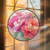 Peony Flower Stained Glass Suncatcher, Round Pink Red Floral Window Hanging, Elegant Bloom Art Decor, Handmade Glass Gift