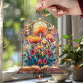 Mushroom Book Acrylic Suncatcher, Fantasy Window Decor, Stained Glass Style Art with Butterflies, Cottagecore Gift for Book Lovers