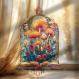 Mushroom Book Acrylic Suncatcher, Fantasy Window Decor, Stained Glass Style Art with Butterflies, Cottagecore Gift for Book Lovers