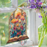 Mushroom Book Acrylic Suncatcher, Fantasy Window Decor, Stained Glass Style Art with Butterflies, Cottagecore Gift for Book Lovers