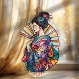 Geisha Acrylic Suncatcher, Japanese Kimono Window Art, Stained Glass Style Oriental Decor, Elegant Asian Gift for Home and Office